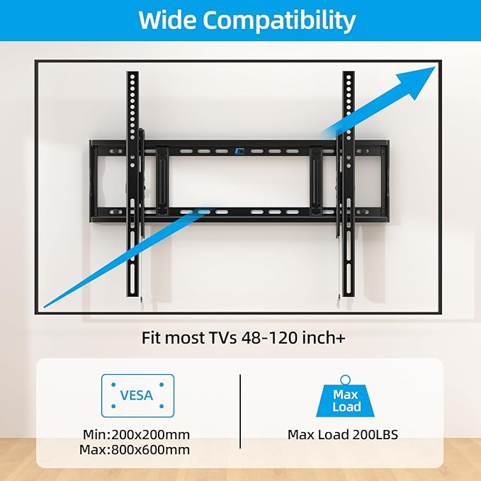 HOME VISION Heavy Duty Tilt TV Wall Mount Bracket for 48-120 Inch Flat/Curved TVs, 200Lbs Capacity, Fits 16/18/24 Inch Studs, Max VESA 800x600mm for LED OLED LCD