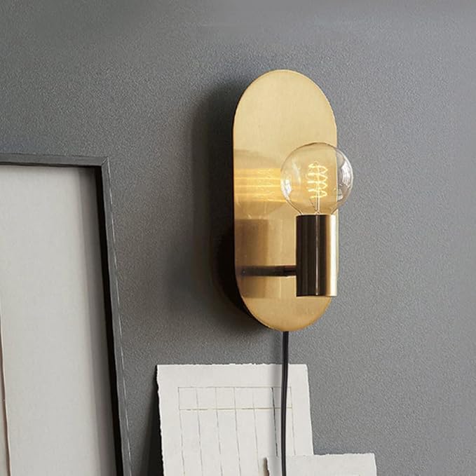 Modern Wall Sconce Plug in Gold Mid-Century Sconces Wall Lighting Cord with On Off Switch Brushed Stainless Steel Sconces Wall Mounted Lighting Fixture for Bedroom Living Room Bathroom