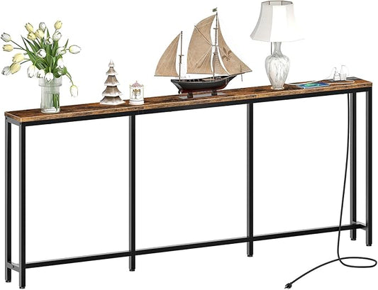 70.9" Console Table with Charging Station, Narrow Long Behind Couch Table, with 2 AC Outlets, 1 USB-A Port and 1 Type-C Port Rustic Brown and Black TXG28UBF