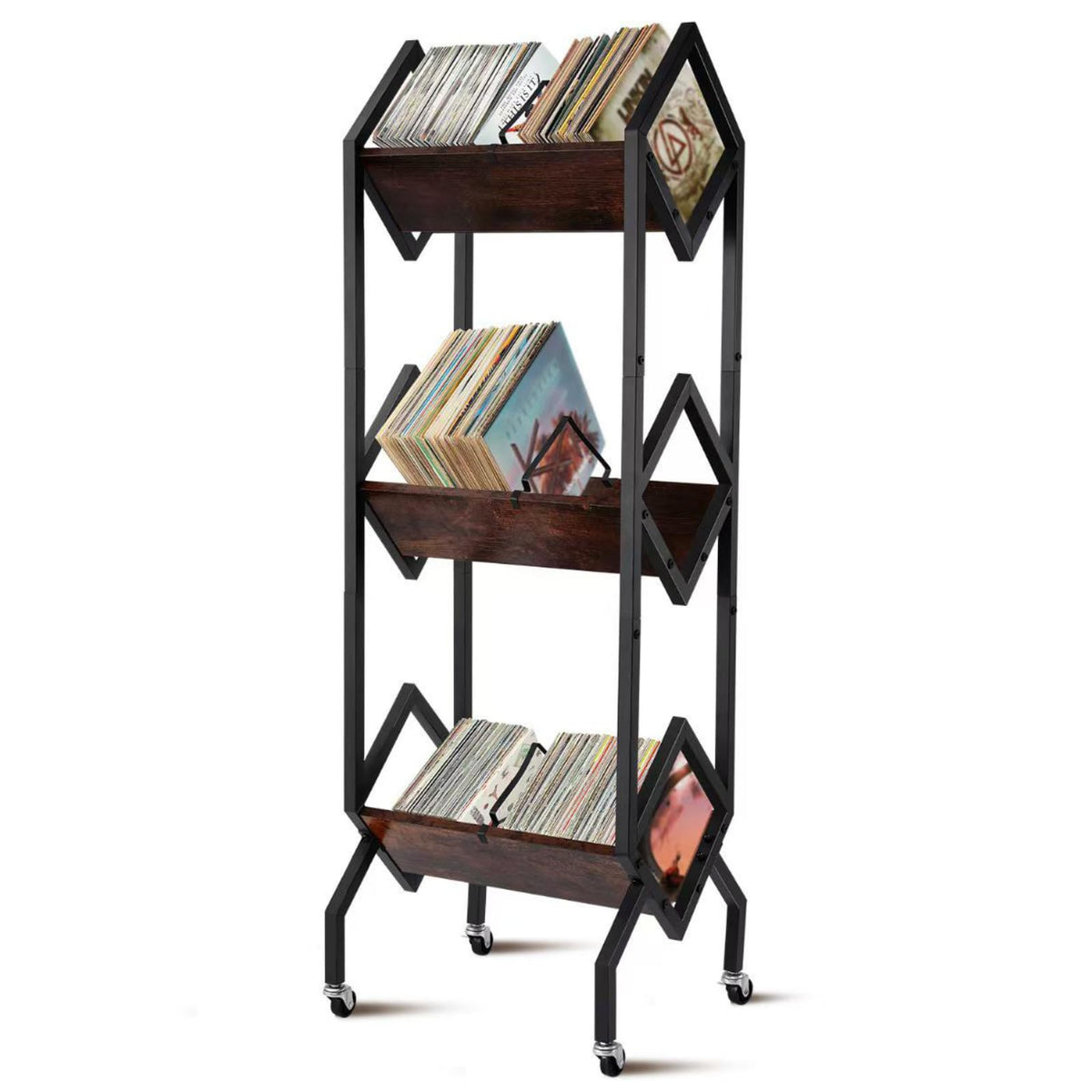 3 Tier Vinyl Record Storage Rack, 200-250 LP Storage Shelf - Image 1
