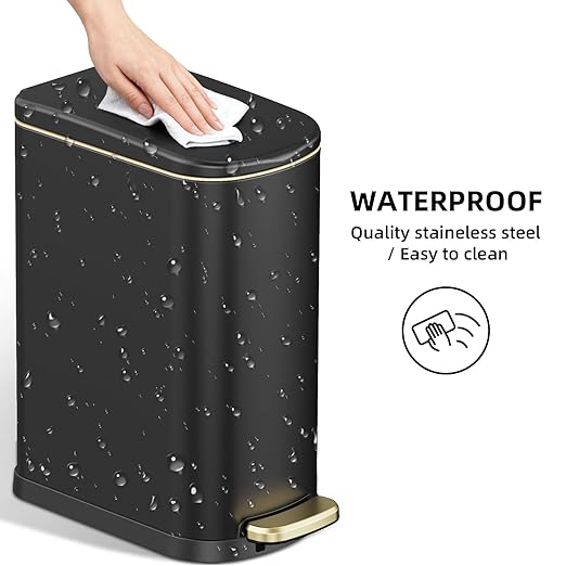 2.6 Gal Bathroom Trash Can with Soft Close Stay Open Lid, Small Rectangular 10L Stainless Steel Waste bin for Narrow Space, Waterproof, Odor Protection, Matte Black