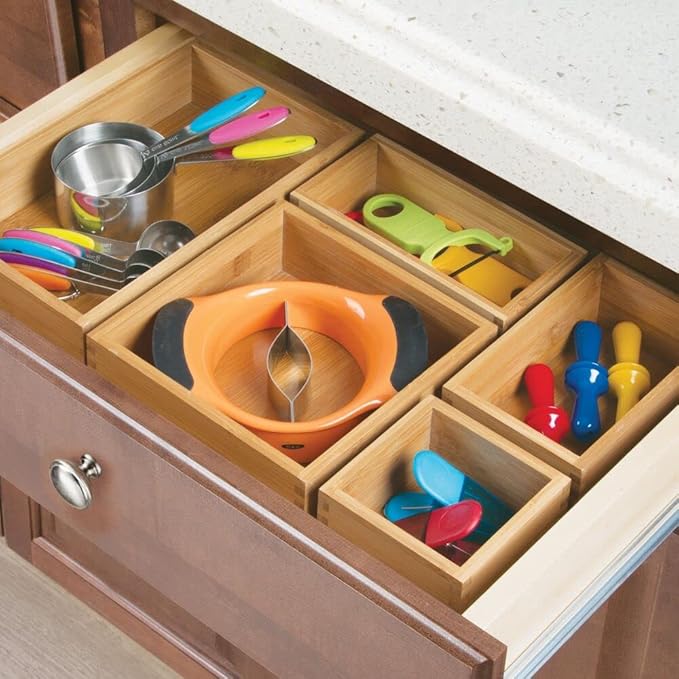 mDesign Bamboo Storage Bin Container, Drawer Organizer Crate Boxes for Kitchen Pantry Cabinet, Shelf, Island or Countertop, Holds Snacks, Spices, or Drinks, Echo Collection, 4 Pack, Natural/Tan