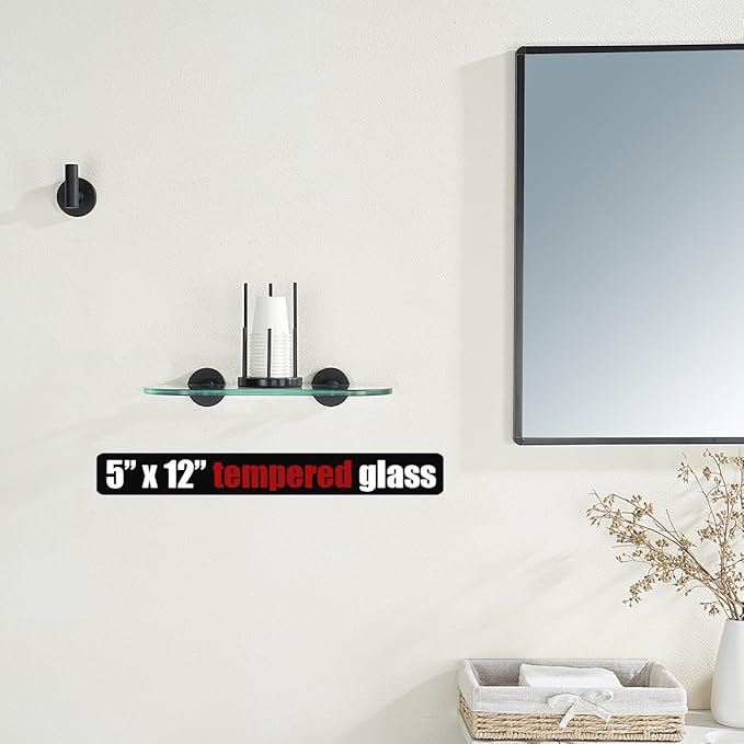 JQK Bathroom Glass Shelf Black, Tempered Glass Shower Storage 12 by 5 inches, 304 Stainless Steel Matte Black Wall Mount 2 Pack, TGS121L12-PB-P2