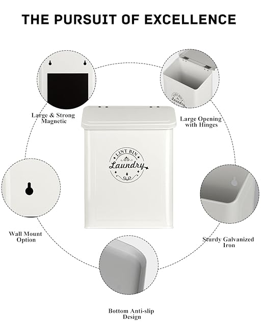 Magnetic Lint Bin for Laundry Room Organization and Storage with Brush, Wall-Mounted Dryer Lint Bin for Room Decor, Space-Saving Trash Can (Cream)