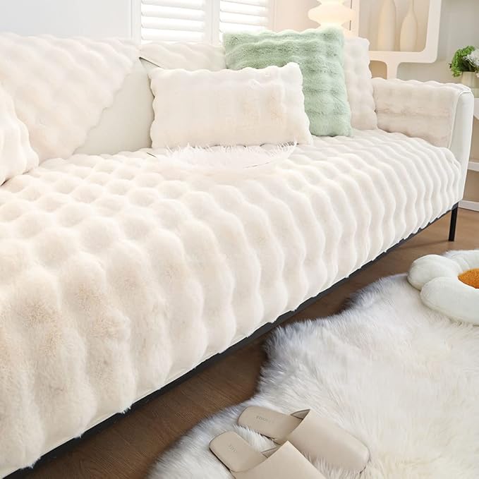 Soft Warm Faux Fur Couch Sofa Cover Thick Shaggy Fuzzy Sectional Couch Cover Non-Slip Solid Color Plush Sofa Slipcover Furniture Protector for Kids, Pets (Cream,36"x70")