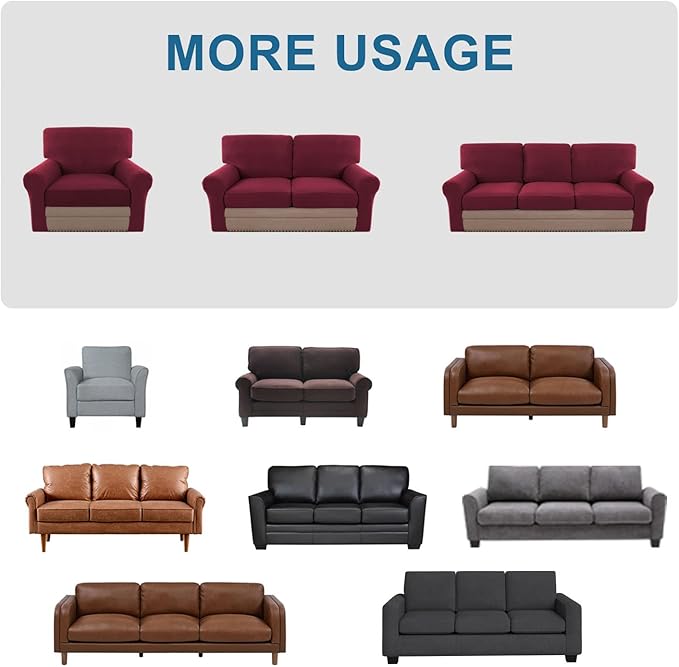 H.VERSAILTEX Multi-Pieces Sofa Covers Stretch Couch Covers Form Fitted Seats and Back Cushions Covers (3 Seat Covers Plus 3 Back Cusion Covers, Bonus 2 Armrest Covers), Burgundy