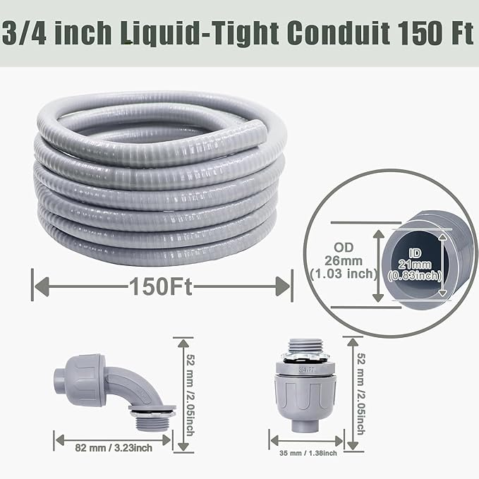 Liquid-Tight Conduit and Connector Kit - 3/4 Inch 150 FT Non Metallic Liquid Tight Electrical Conduit with 5 Straight and 5 Angle Fittings