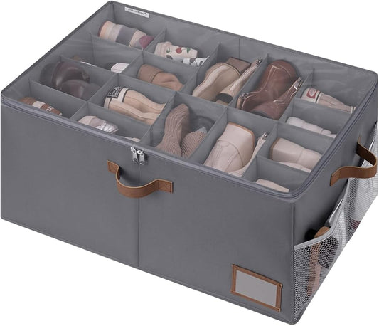 StorageWorks Shoe Organizer for Closet, Shoe Storage Containers for Entryway, Fabric Shoe Storage Organizer for Slippers and Flats, Shoe Storage Bins with Side Mesh Pocket, Fits up to 20 Pairs, Grey