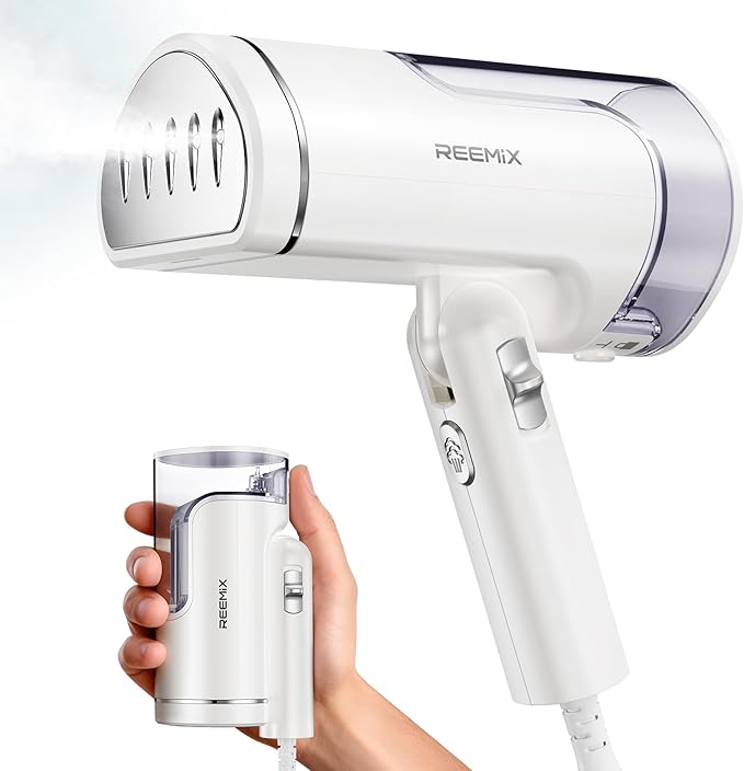 Reemix Portable Garment Steamer, Foldable Handheld 1300W, Travel Size Fast Heat-up, Fabric Steamer for Home & Travel, 120V Only (White)