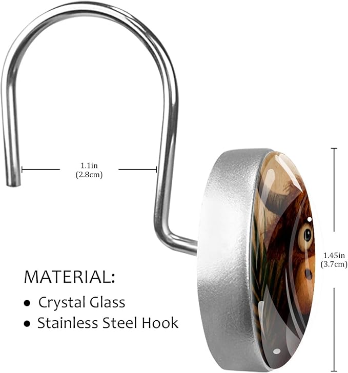 12 Packs Retro Cute Highland Cow Shower Curtain Hooks, Stainless Steel Glass Shower Curtain Rings for Bathroom Decor, Metal Rustproof Curtain Rod Hooks
