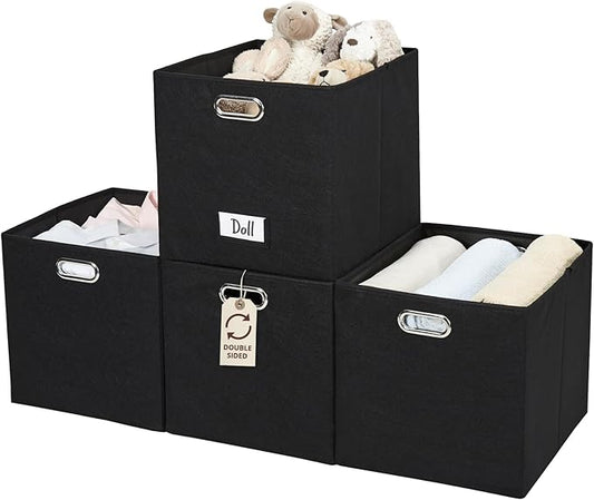 DECOMOMO Black Storage Bins 13x15x13 Storage Cube Bins with Labels, Felt Baskets for Organizing Shelves (Kallax / 4pcs, Felt Black)