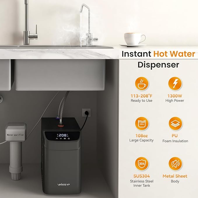Instant Hot Water Dispenser 110V, Under-Sink Hot Water Boiler with Faucet, 3.4 Qt Stainless Steel Tank, Digital Temperature 113–208°F, Energy-Efficient Design, Quiet Operation & Child Safety Lock