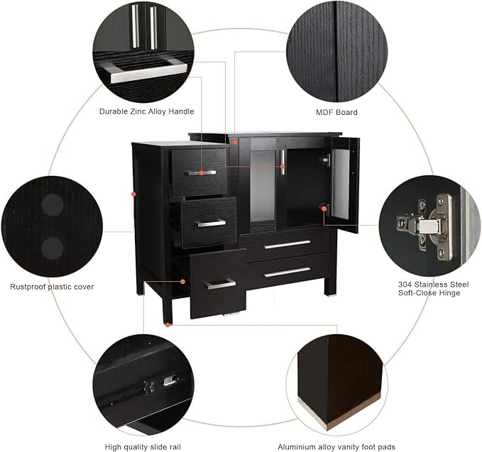 eclife 48" Modern Bathroom Vanity Sink Combo Freestanding Cabinet with Small Side Cabinet, Clear Round Glass Vessel Sink, Water Save Faucet, Drain (Black+A16)