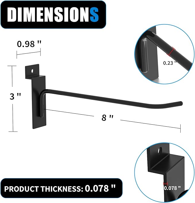 8” Slatwall Hooks, Black Slat Wall Display Hook, 25 PCS Slat Wall Panel Accessory Hooks