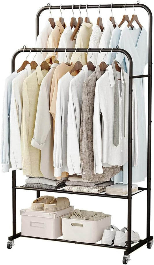 SUOERNUO Clothes Rack with Wheels Garment Rack for Hanging Heavy-Duty Clothing Rack Metal Rolling Clothes Shelves for Bedroom, Closet (Black)