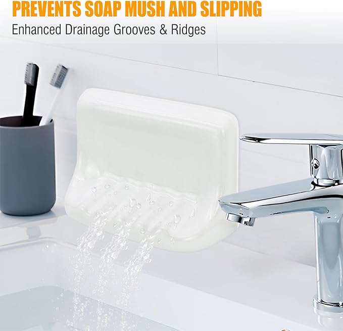 Shower Wall Soap Holder & Ceramic Soap Dish - Fits 4x4 Inch & Any Tile Walls, Heavy-Duty Flat-Back Design with Drainage Slope, No-Slip, Classic White