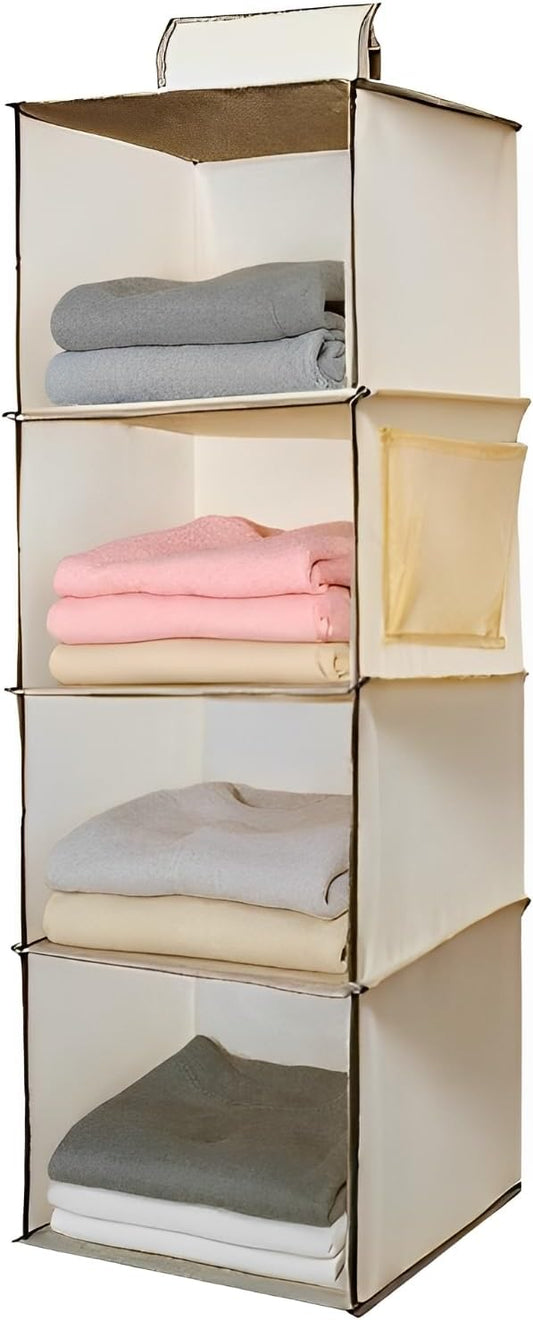 Hanging Closet Organizer 4 Tier Hanging Storage with Side Pocket, Foldable Hanging Shelves for Clothes, Laundry Room & RV Use