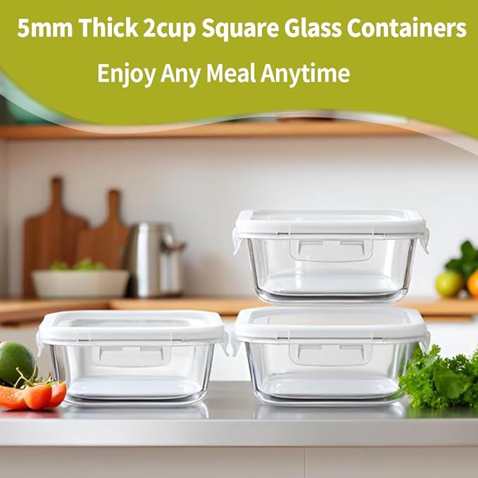16PC Square Glass Storage Containers With Lids, 2 Cup Square Glass Food Containers With Lids, BPA free Small Meal Prep Bowls for leftovers, Dishwasher, Freezer Safe (8 lids & 8 Containers)
