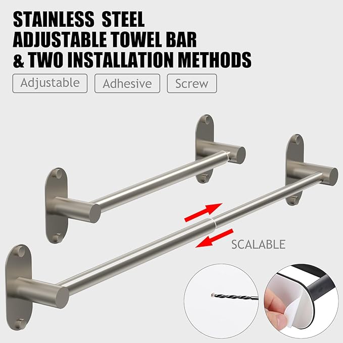 Towel Bar, Adjustable 14.4inch - 25.2inch Towel Rack, Self Adhesive & Wall Mounted for Bathroom Kitchen Hand Towel Holder Cloths Hanger SUS 304 Stainless Steel Organizer Single Bar (3, Brushed Nickel)