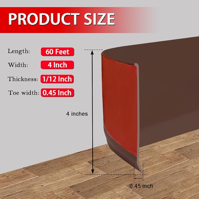 Vinyl Wall Base Baseboard Molding Trim 4" Flexible Self Adhesive Rubber Wall Base Moulding Trim Peel and Stick Design, 4 Inch x 60 Feet, Brown