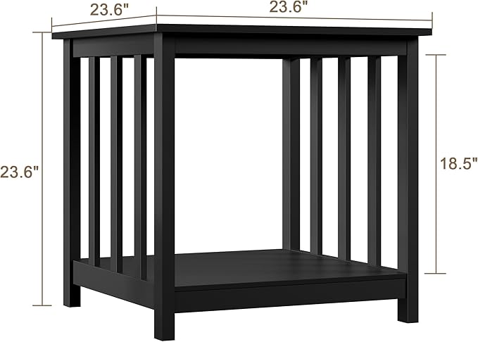 Treocho End Table, 24 Inch Square Side Table Living Room with 2-Tier Storage Shelf, Modern Nightstand for Living Room, Bedroom, Office, Black