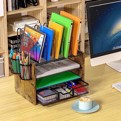 DAOUTIME 4-Tier Mesh Desk Organizer, Wooden Desk File Organizer - Image 4