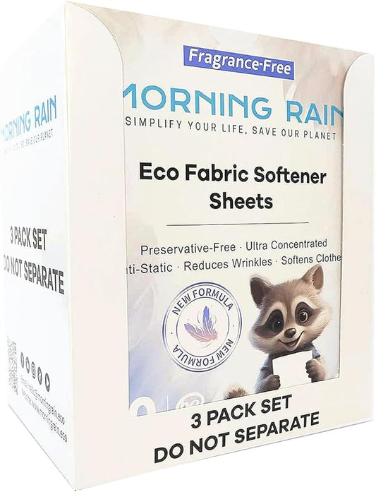 MorningRain Eco Fabric Softener Sheets for Washing Machine - Fragrance-Free, Preservative-Free, Ultra-Concentrated - 90 Sheets for Up to 180 Loads, Anti-Static, Reduces Wrinkles, Softens Clothes
