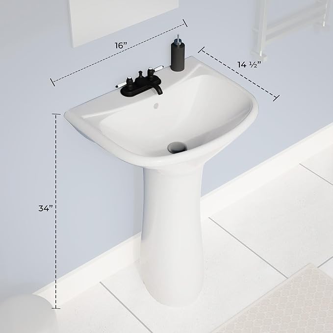 Small Bathroom Pedestal Sink White With Overflow Centerset Faucet Holes Grade A Vitreous China 33 Inch Tall x 16 Inch Wide x 14 Inch Projection Space Saving Ondine Design Renovator's Supply