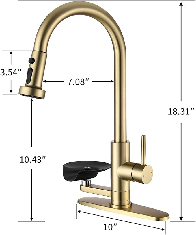 Kitchen Faucet with Glass Rinser, Pull Down Sink Faucet with 3 Spray Modes and High Pressure Glass Rinser, Single Hole 2 in 1 High Arc Stainless Steel Kitchen Faucets (Brushed Golden)