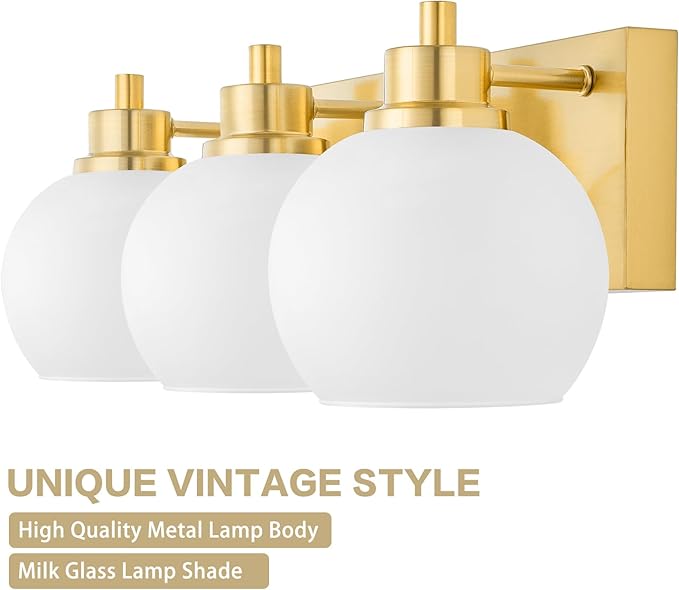Tuscarora Bathroom Light Fixtures Gold Vanity Light 3 Light Wall Sconces Lighting Brushed Brass Bathroom Lights Bath Wall Lights Wall Lamp for Mirror Kitchen (Brushed Gold & Milk Glass)