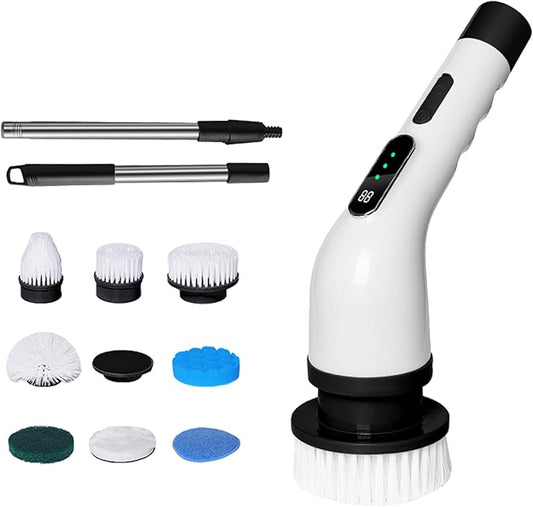 Cordless Cleaning Brush Scrubber for Home, Electric Spin Scrubber, 9 Replaceable Brush Heads, 50Mins Work Time, 3 Adjustable Size, 3 Strong Speeds for Bathroom Shower Bathtub Car Glass, Black Color