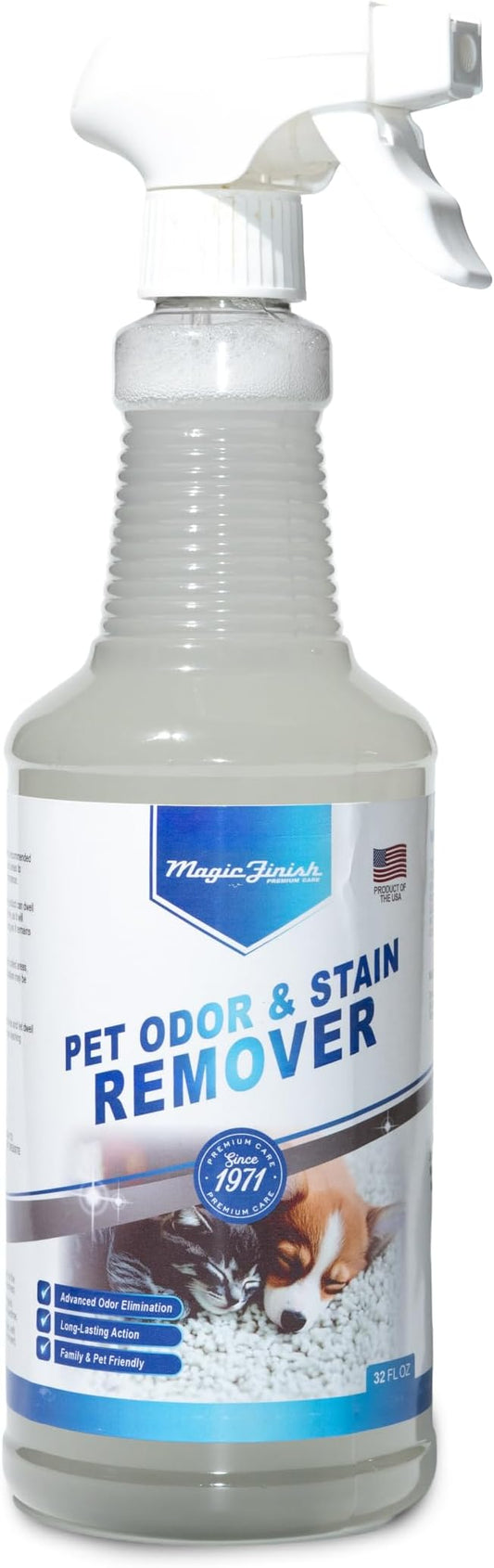 Magic Finish Pet Odor & Stain Remover (32 oz) – Enzyme Cleaner for Dog & Cat Urine, Vomit, and Messes – Kid & Pet-Friendly Rug & Multisurface Upholstery Deodorizer with Apple Blossom Scent