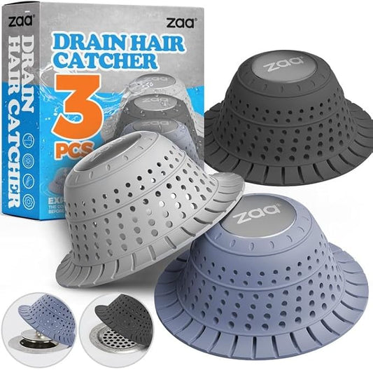 zaa Bathtub Drain Hair Catcher, Silicone Collapsible 3 Pack Drain Protector for Pop-Up and Regular Drains of Shower, Bathtub, Tub, Bathroom, Sink, Black Grey Blue