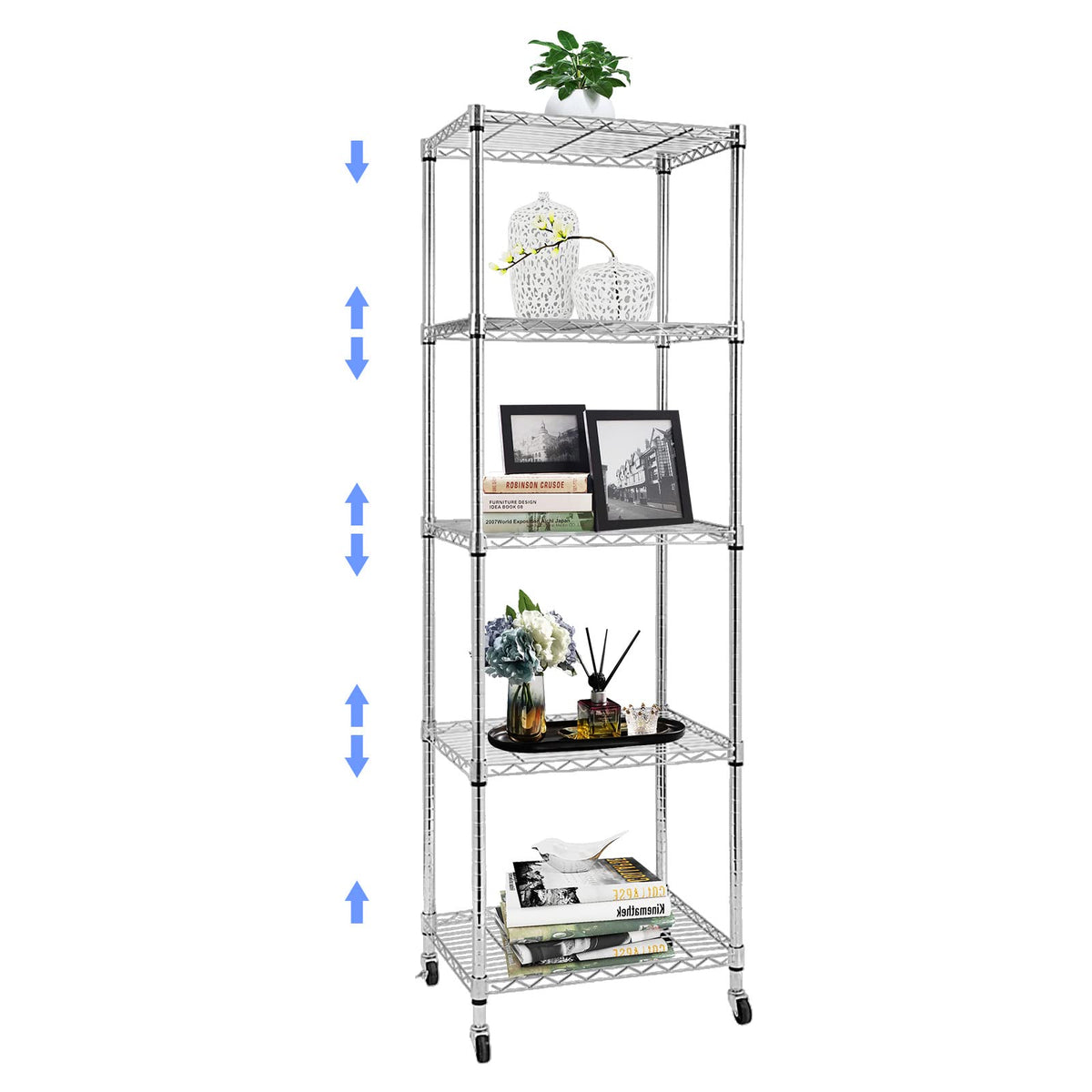 5 Tier Wire Shelving Unit With Wheels, Adjustable Narrow Metal - Image 1