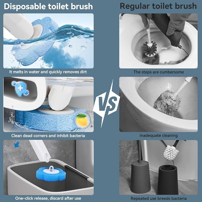 Disposable Toilet Brush Set with Holder, Angled Cleaning Wand with 24 Refill Heads, Wall-Mounted Hygienic Toilet Cleaner (Ocean, Lemon, Lavender Scents)