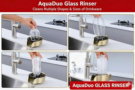 AquaDuo Glass Rinser and Kitchen Sink Sprayer Combo, Stainless Steel Cup Washer, Cup Cleaner for Sink, Bar Glass Rinser, Bottle Washer Sink Attachment, Glass Cleaner for Sink