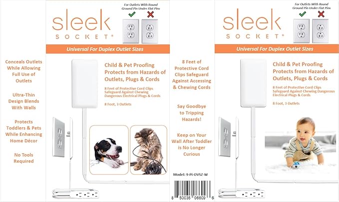 Sleek Socket Original & Patented Pet Proofing Outlet & Plug Concealer with Protective Cord Clips, 8-Foot Flat Extension Cord with Multiple Outlets, Safeguard from Chewing Dangerous Cords