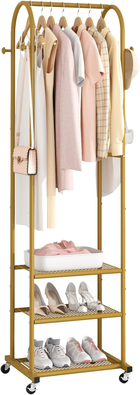 Heavy Duty Clothing Rack with Wheels,Modern Garment Rack with 3 Metal Shelves, 71.8Inches Display Rack for Hanging Clothes, Hanging Rod for Small Space,Gold