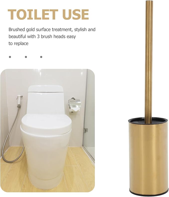 Toilet Brush and Holder Set 3pcs 304 Stainless Steel Brushed Gold Finish Bathroom Toilet Bowl Scrub Brush with Stand for Home Cleaning