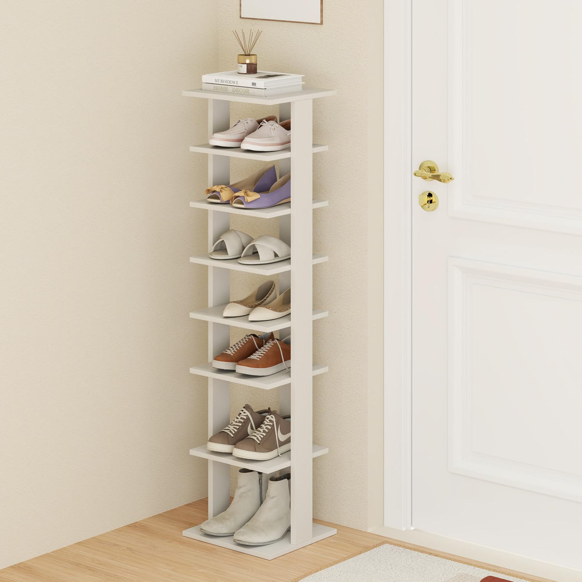 Tangkula 8-Tier Vertical Shoe Rack, Holds 7 Pairs, White - Image 1