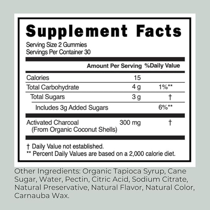 Activated Organic Charcoal Gummies, Charcoal Gummy for Kids and Adults, Digestive Health, Gas and Bloat Relief, Detox, Natural Berry Flavor, 60 Count