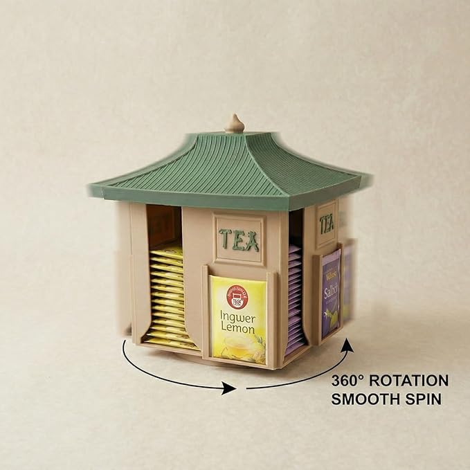 Rotating Japanese Tea Bag Organizer Dispenser - Pagoda Design, 360° Lazy Susan Base, Beige Body with Jungle Green Roof, Zen Matcha/Sencha/Tea Bag Storage Carousel for Kitchen Counter