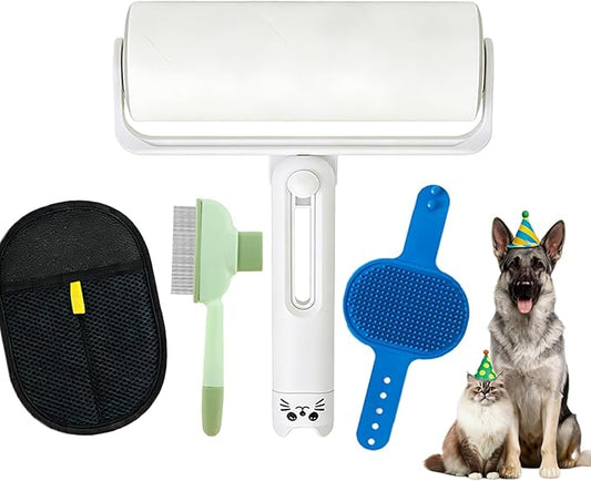 2026New 4-in-1 Pet Hair Removal Kit - Refillable Lint Roller + Self-Cleaning Deshedding Comb + Electrostatic Glove + Soft Rubber Bath Brush, Multi-Surface Hair Remover for Cats/Dogs/Clothes/Yellow
