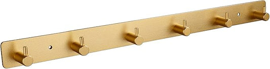 Adhesive Bathroom Gold Hook Rail, 6 Brushed Gold Wall Key Hooks Rack Hanger Towel Robe Stick Door Hooks for Bathroom Toilet Entryway Hallway Kitchen Wall Mounted