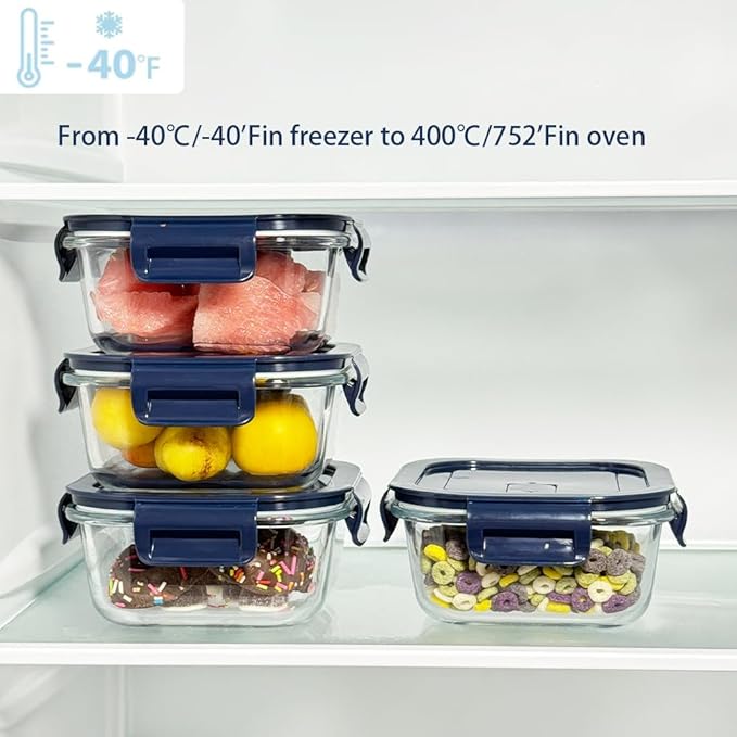 4PC Square Glass Containers With Lids (Dark Blue)