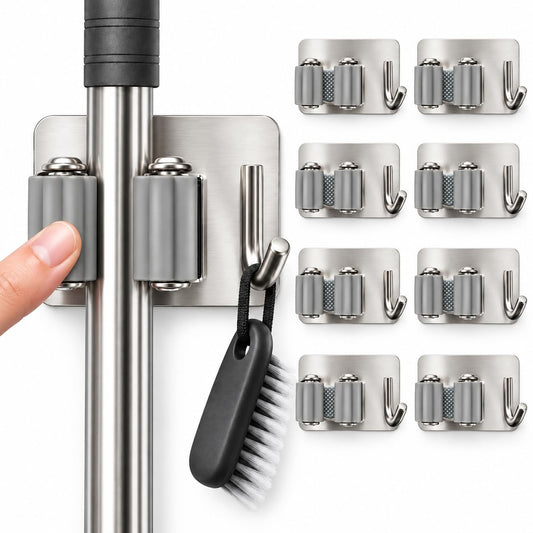 Mop and Broom Holder Wall Mount 8 Pack, Stainless Steel - Image 1