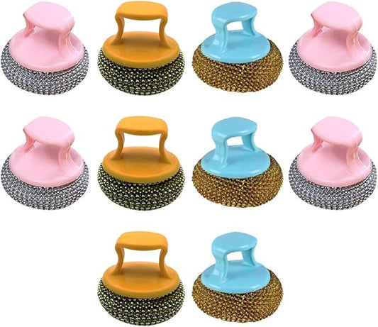 YARNOW 10pcs Stainless Steel Scrubber Metal Sponge Steel Scouring Pad Wire Pot Brush with Handle Kitchen Cleaning Brush for Home Dish Pot Coffee Maker Bowl