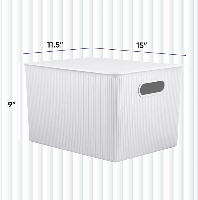 Decorative Plastic Basket Lidded Home Storage Bins Organizer, X-Large White Smoke (1 Pack - 22 Liter) Stackable Container Box, for Organizing Closet Storage Bins for Shelves - Ribbed Collection