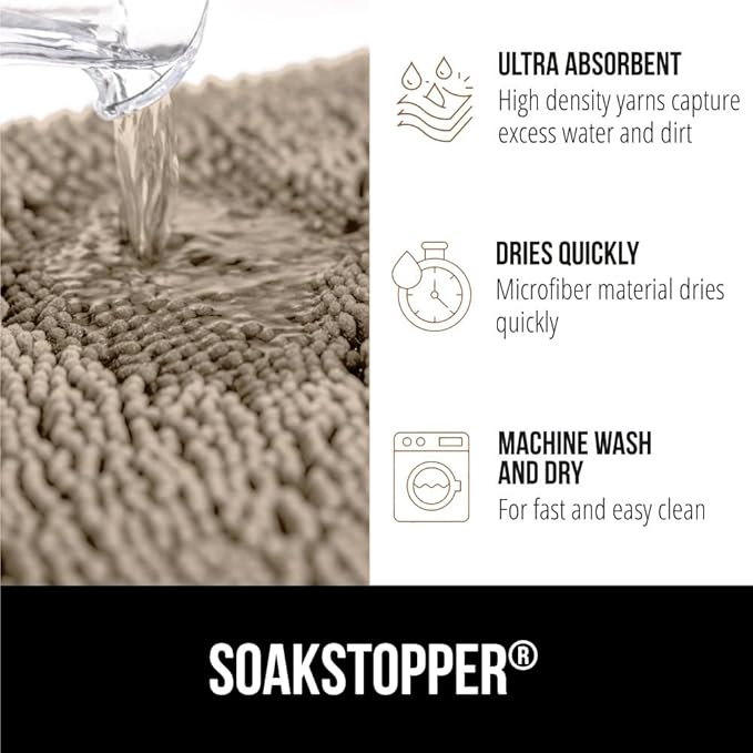GORILLA GRIP SoakSTOPPER Dog Door Mat, 36x24 Machine Washable Rug Absorbent Doormat Captures Moisture Mud Dirt, Quick Dry Soft Chenille Entryway Rugs Indoor Entrance Mats for Dog Paws, Beige