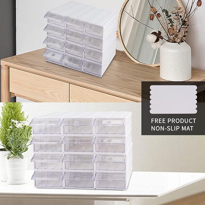 12 Pcs Drawer Stackable Storage Cabinet, White Plastic Organizer with Drawers & 36 Pcs Clear Dividers Organizer Rack & 48 Pcs Tag Card & 24 Pcs Non-slip Stickers for Home Office School
